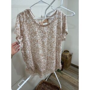 LC Conrad Floral Lace Hem Short Sleeve Blouse Women's XXL Neutral Boho